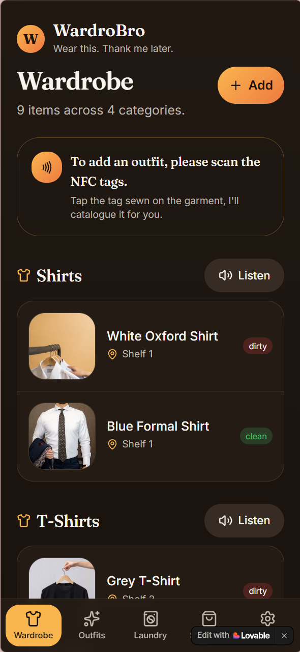 WardroBro app — AI wardrobe companion for visually impaired users