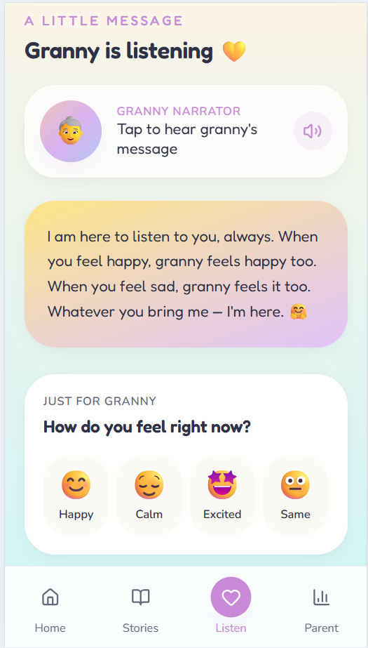 hearTTales app — Granny is listening screen with mood check-in